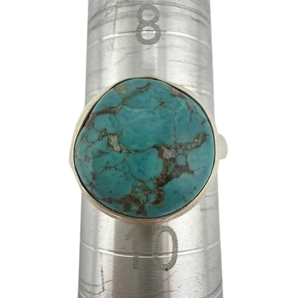 Sterling Silver Round Matrix Turquoise Bezel Ring Size 10